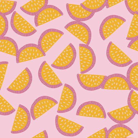 Natural yellow random citruc slices elements seamless pattern. Lilac background. Summer fresh print. Flat vector print for textile, fabric, giftwrap, wallpapers. Endless illustration.のイラスト素材
