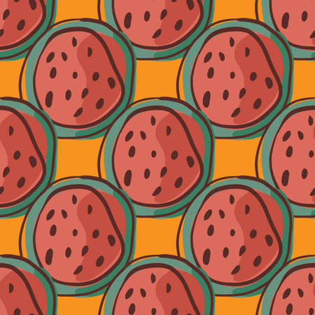 Vintage seamless pattern with red half watermelon silhouettes. Orange bright background. Flat vector print for textile, fabric, giftwrap, wallpapers. Endless illustration.のイラスト素材
