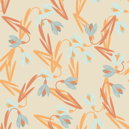 Orange and blue colored spring snowdrop elements seamless pattern. Beige background. Nature artwork. Vector illustration for seasonal textile prints, fabric, banners, backdrops and wallpapers.のイラスト素材