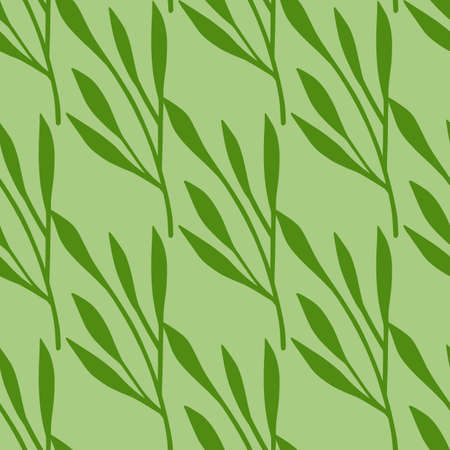 Decorative seamless foliage pattern with green leaf branches silhouettes. Light green background. Vector illustration for seasonal textile prints, fabric, banners, backdrops and wallpapers.のイラスト素材
