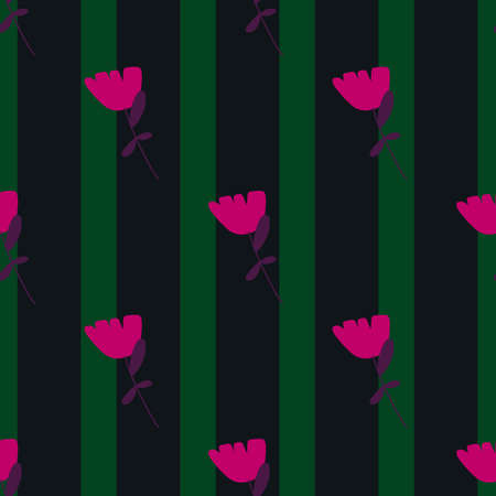 Decorative seamless pattern with bright pink flowers shapes. Green dark striped background. Vector illustration for seasonal textile prints, fabric, banners, backdrops and wallpapers.のイラスト素材