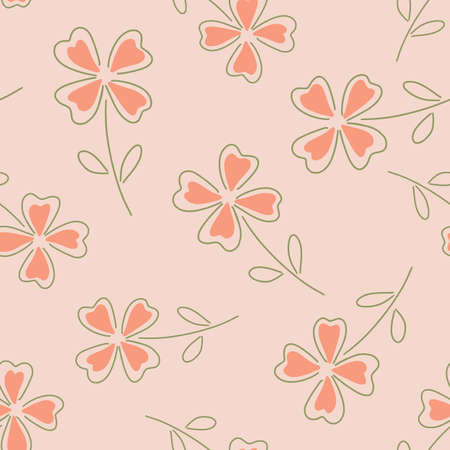 Tender cute seamless pattern with random four-leaf clover ornament. Pink pastel background. Simple artwork. Graphic design for wrapping paper and fabric textures. Vector Illustration.のイラスト素材