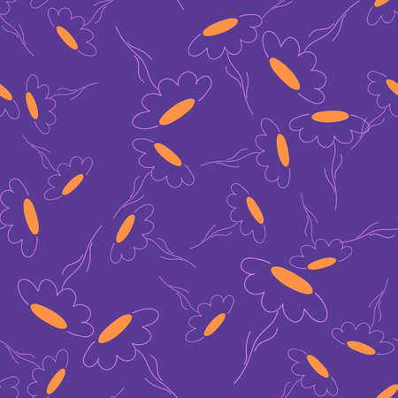 Random bright yellow contoured chamomile flowers seamless pattern. Bright purple background. Perfect for fabric design, textile print, wrapping, cover. Vector illustration.のイラスト素材