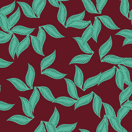 Botanic random blue season leaf seamless pattern. Maroon background. Herbal nature backdrop. Simple style. Flat vector print for textile, fabric, giftwrap, wallpapers. Endless illustration.のイラスト素材