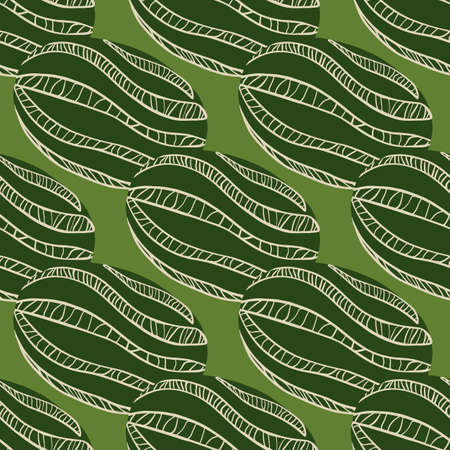 Doodle seamless pattern with striped abstract watermelon shapes. Green olive background. Simple style. Graphic design for wrapping paper and fabric textures. Vector Illustration.のイラスト素材