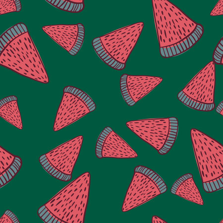 Random pink watermelon shapes seamless doodle pattern. Green background. Organic simple elements....