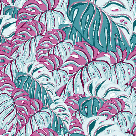 Abstract hand drawn seamless pattern with lilac and blue bright tropical monstera leaves ornament. Stock illustration. Vector design for textile, fabric, giftwrap, wallpapers.のイラスト素材