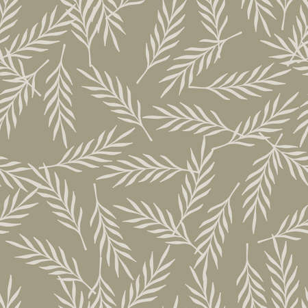 Simple gray random leaf twigs seamless doodle pattern in hand drawn style. Beige background. Stock illustration. Vector design for textile, fabric, giftwrap, wallpapers.のイラスト素材