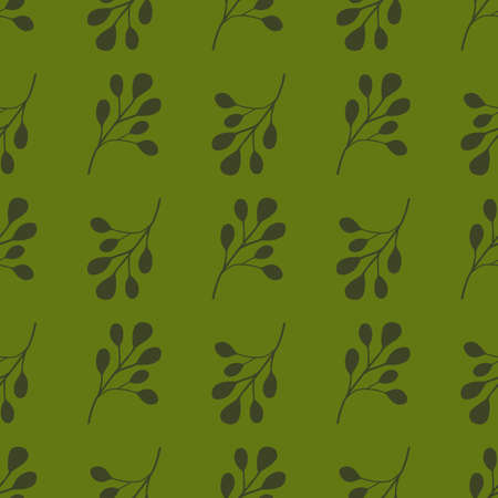 Greenery seamless pattern with doodle simple eucalyptus leaf ornament. Green olive background. Designed for fabric design, textile print, wrapping, cover. Vector illustration.のイラスト素材