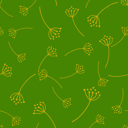Decorative seamless pattern with yellow rowan berry ornament. Random print with green background. Vector illustration for seasonal textile prints, fabric, banners, backdrops and wallpapers.のイラスト素材