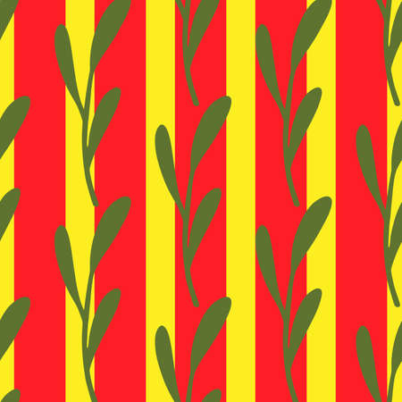 Green abstract minimalistic branches ornament seamless pattern. Red and yellow striped background. Vector illustration for seasonal textile prints, fabric, banners, backdrops and wallpapers.のイラスト素材