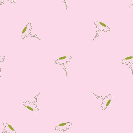 Minimalistic style seamless pattern with little green chamomile contoured flowers shapes. Perfect for fabric design, textile print, wrapping, cover. Vector illustration.のイラスト素材