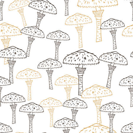 Seasonal seamless pattern with isolated random outline mushroom shapes. White background. Stock illustration. Vector design for textile, fabric, giftwrap, wallpapers.のイラスト素材