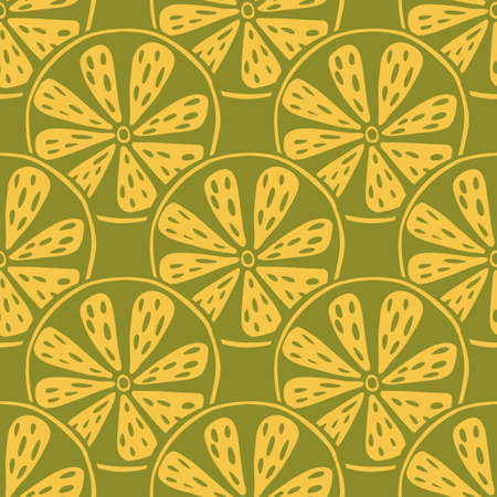 Summer citrus seamless pattern with abstract lemon slices ornament. Green and yellow colors. Food print. Stock illustration. Vector design for textile, fabric, giftwrap, wallpapers.のイラスト素材