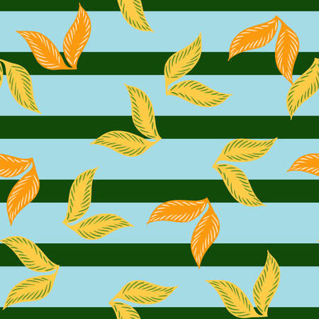 Fall seamless pattern with random falling leaves yellow ornament. Blue and green striped background. Stock illustration. Vector design for textile, fabric, giftwrap, wallpapers.のイラスト素材