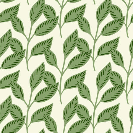 Isolated seamless pattern with doodle spring leaf branches green ornament. White background. Decor print. Flat vector print for textile, fabric, giftwrap, wallpapers. Endless illustration.のイラスト素材