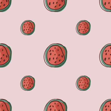 Minimalistic seamless pattern with doodle red watermelon half shapes. Lilac light background. Simple print. Flat vector print for textile, fabric, giftwrap, wallpapers. Endless illustration.のイラスト素材