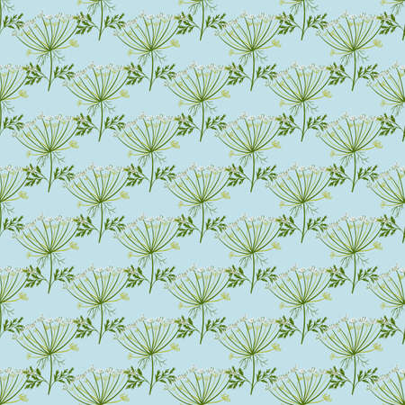 Herbal seamless pattern with botanic dill umbrella silhouettes. Blue background. Green ornament. Graphic design for wrapping paper and fabric textures. Vector Illustration.のイラスト素材
