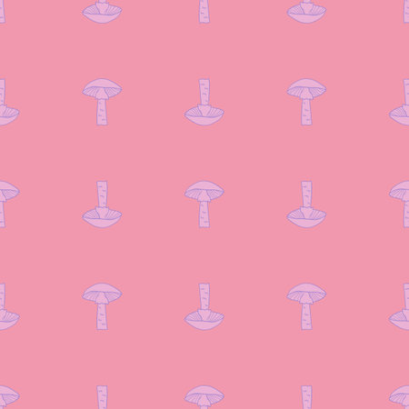 Contoured light purple mushroom ornament seamless pattern. Pink background. Forest wild print. Graphic design for wrapping paper and fabric textures. Vector Illustration.のイラスト素材