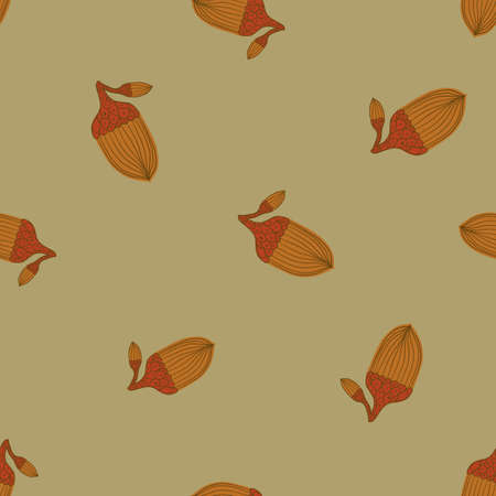 Fall season botanic seamless pattern with random acorn silhouettes. Pale green background. Simple print. Vector illustration for seasonal textile prints, fabric, banners, backdrops and wallpapers.のイラスト素材