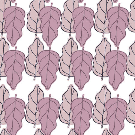 Purple contoured oak leaves seamless doodle pattern. White background. Vintage simple print. Flat vector print for textile, fabric, giftwrap, wallpapers. Endless illustration.のイラスト素材