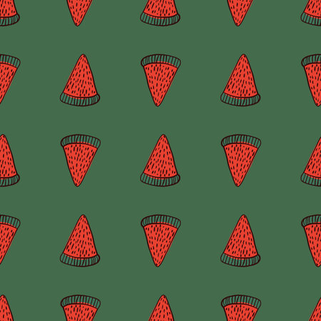 Summer fresh food seamless pattern with doodle red watermelon elements. Green pale background. Graphic design for wrapping paper and fabric textures. Vector Illustration.のイラスト素材