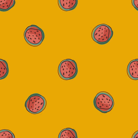 Minimalistic watermelon pink little half seamless pattern. Orange bright background. Summer food shapes. Flat vector print for textile, fabric, giftwrap, wallpapers. Endless illustration.のイラスト素材