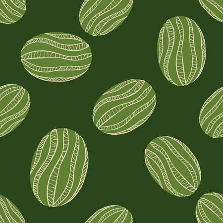 Healthy organic seamless pattern with random striped watermelon elements. Green background. Graphic design for wrapping paper and fabric textures. Vector Illustration.のイラスト素材