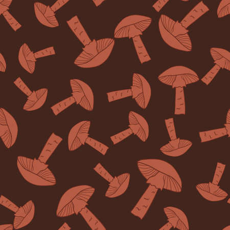 Random mushroom silhouettes seamless pattern. Creative wild forest food ornament on dark maroon background. Graphic design for wrapping paper and fabric textures. Vector Illustration.のイラスト素材