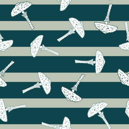 Autumn seasonal seamless pattern with random outline mushroom shapes. Blue striped background. Stock illustration. Vector design for textile, fabric, giftwrap, wallpapers.のイラスト素材