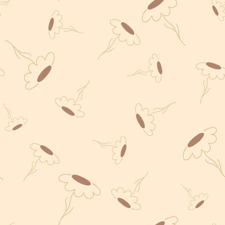 Abstract random seamless pattern with doodle contour chamomile ornament. Light pink background. Perfect for fabric design, textile print, wrapping, cover. Vector illustration.のイラスト素材