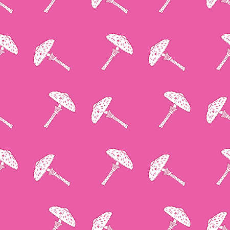 Abstract creative seamless pattern with white mushroom elements print. Bright pink background. Stock illustration. Vector design for textile, fabric, giftwrap, wallpapers.のイラスト素材