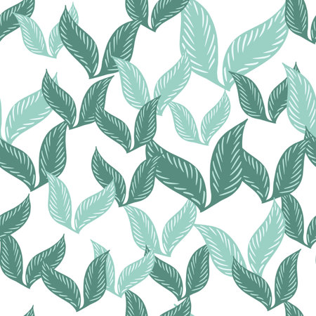 Doodle forest style seamless pattern with isolated blue random seasonal leaf elements. White background. Flat vector print for textile, fabric, giftwrap, wallpapers. Endless illustration.のイラスト素材