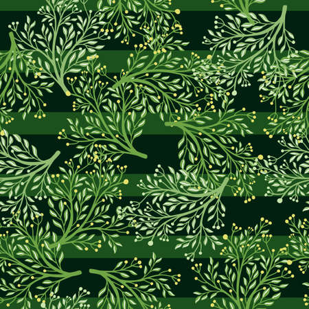 Seasonal spring abstract seamless pattern with random shrub silhouettes shapes. Green striped background. Stock illustration. Vector design for textile, fabric, giftwrap, wallpapers.のイラスト素材