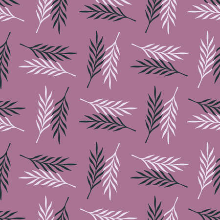 Ornamental leaf twigs seamless doodle pattern in botanic style. Purple-lilac background. Organic artwork. Stock illustration. Vector design for textile, fabric, gift wrap, wallpapers.のイラスト素材