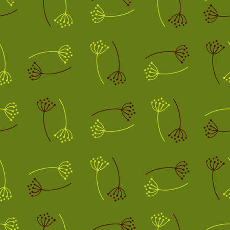 Abstract organic seamless pattern with doodle dandelion flowers ornament. Green background. Vector illustration for seasonal textile prints, fabric, banners, backdrops and wallpapers.のイラスト素材