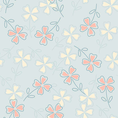 White and pink random clover leaves silhouettes seamless pattern. Blue background. Simple style. Graphic design for wrapping paper and fabric textures. Vector Illustration.のイラスト素材