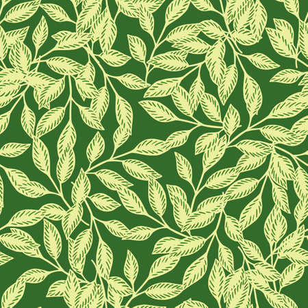 Abstract nature seamless pattern with random leaf foliage ornament. Green background. Organic style. Flat vector print for textile, fabric, gift wrap, wallpapers. Endless illustration.のイラスト素材