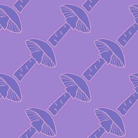 Pink contoured mushroom seamless pattern in autumn season style. Purple pastel background. Vector illustration for seasonal textile prints, fabric, banners, backdrops and wallpapers.のイラスト素材
