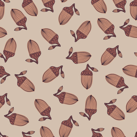 Random seamless hand drawn pattern with doodle beige acorn ornament. Gray background. Nature artwork. Vector illustration for seasonal textile prints, fabric, banners, backdrops and wallpapers.のイラスト素材