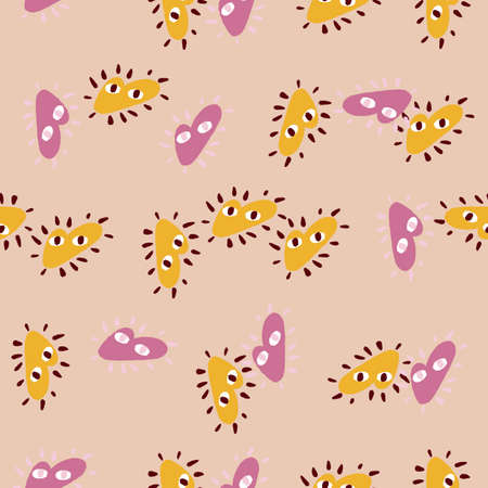 Random yellow and lilac heart elements seamless pattern in cute style. Pastel background. Romantic style. Flat vector print for textile, fabric, gift wrap, wallpapers. Endless illustration.のイラスト素材