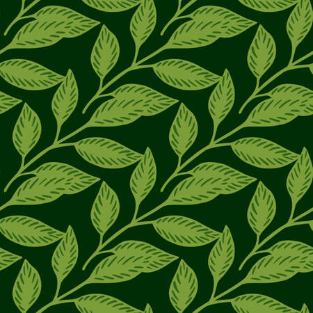 Greenery seamless pattern with green leaf branches elements. Dark background. Contrast botanic print. Flat vector print for textile, fabric, gift wrap, wallpapers. Endless illustration.のイラスト素材