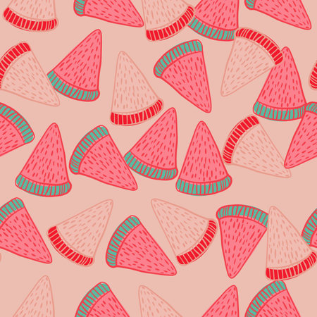Vitamin random seamless pattern with simple watermelon slices shapes. Pink light background. Graphic...