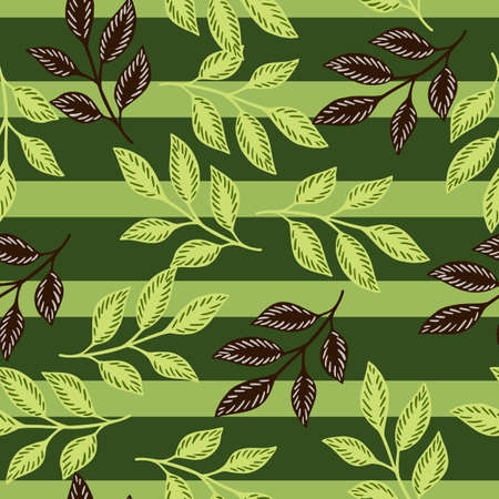 Random greenery seamless pattern with random leaves branches ornament. Green striped background. Flat vector print for textile, fabric, gift wrap, wallpapers. Endless illustration.のイラスト素材
