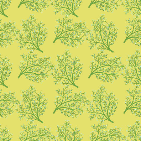 Green random shrub silhouettes seamless pattern in doodle style. Light yellow background. Doodle abstract print. Stock illustration. Vector design for textile, fabric, gift wrap, wallpapers.のイラスト素材