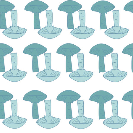 Isolated blue mushroom silhouettes seamless pattern. Abstract wild food elements backdrop. Vector illustration for seasonal textile prints, fabric, banners, backdrops and wallpapers.のイラスト素材