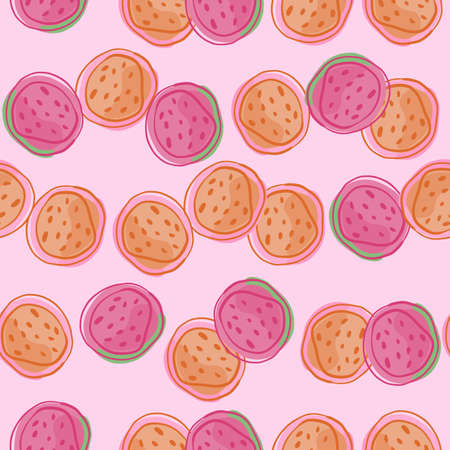 Orange and pink doodle abstract watermelon slices print. Lilac light background. Natural organic backdrop. Flat vector print for textile, fabric, gift wrap, wallpapers. Endless illustration.のイラスト素材