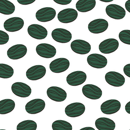 Vegetarian seamless pattern with random green simple watermelon ornament. Isolated backdrop. Graphic design for wrapping paper and fabric textures. Vector Illustration.のイラスト素材