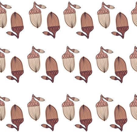 Isolated fall seamless pattern with brown contoured acorn elements. White background. Forest backdrop. Vector illustration for seasonal textile prints, fabric, banners, backdrops and wallpapers.のイラスト素材