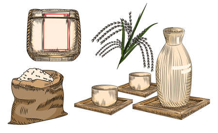Set of sake. Traditional Japanese rice alcohol drink. Collection of ceramic vase and cup, stalk and rice bag, barrel of sake. Elements for restaurant menu design.Engraving style. Vector illustration.のイラスト素材